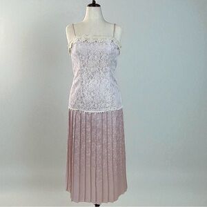 Vintage 80’s Scott McClintock Mauve and Cream Lace and Satin Pleated Midi Dress